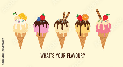 Assorted ice cream cones with different flavors and colorful toppings invite viewers to choose their favorite summer dessert treat.