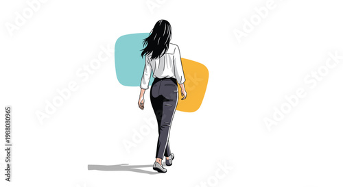 Young woman with long dark hair is seen from behind as she walks forward with a casual and confident stride on a simple background.