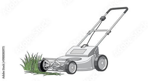 Modern electric lawn mower is shown in action cutting green grass to maintain a neat and beautiful garden landscape for homeowners.