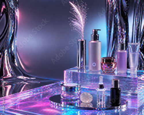Cosmetic products on glass shelf with colorful reflections and sparkles