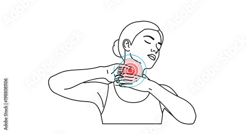 Woman suffering from severe neck pain and cervical discomfort illustrated with red concentric circles on her neck area.