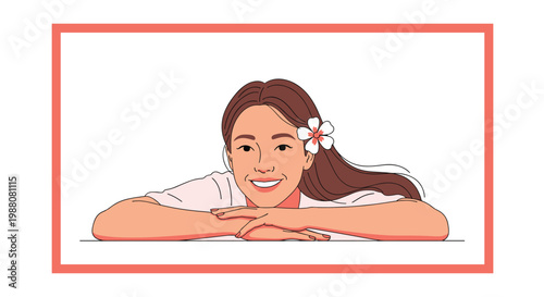 Beautiful young woman smiling with her head resting on her arms and a white tropical flower tucked behind her ear.