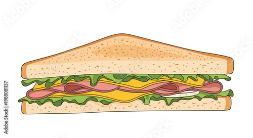 Delicious club sandwich with layers of lettuce, ham, cheese, and tomato between slices of toasted white bread.