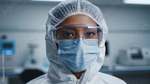 Scientist in protective suit and mask with eyes closed in lab