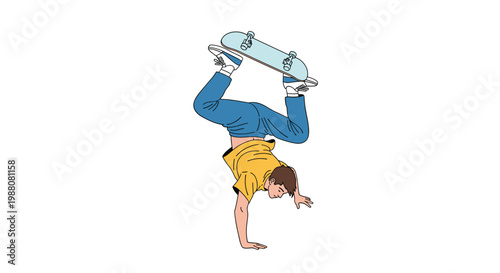 Skilled skateboarder performing an impressive handstand trick with his blue board balanced in the air above him.