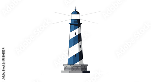 Blue and white striped lighthouse standing on a sturdy stone base with bright light beams shining into the far distance.