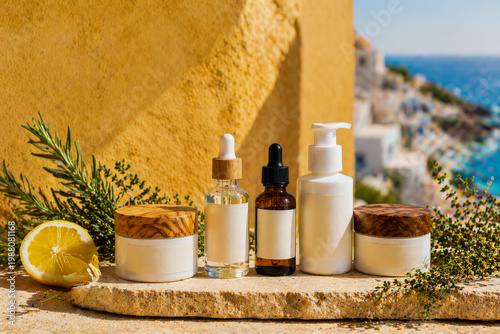 Cosmetic products with natural ingredients on a stone surface by the sea
