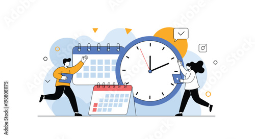 Business team members efficiently organizing tasks and deadlines around a giant clock and two wall calendar pages.