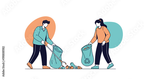 Environmental activists carefully picking up litter and placing it into recycling bags to help clean up the planet.