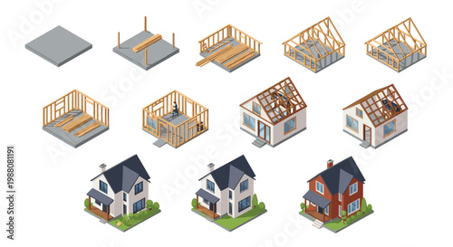 Isometric diagrams showing the step-by-step evolution of building a modern residential house from foundation to finish.