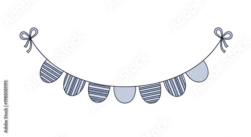 Decorative blue bunting garland with striped and solid flags hanging from two pretty bows at the ends of the string.