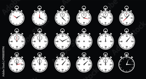 Set of eighteen different stopwatch faces and designs shown against a solid black background for easy comparison.