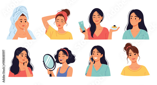 Set of female characters performing different beauty routines including applying cream, checking mirror, and brushing hair.