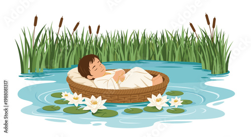 Infant baby peacefully sleeping in woven basket floating on calm water surrounded by white lotus flowers and tall green reeds in pond.