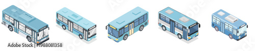 Simple isometric flat design of a city bus with soft colors, isolated on white background, no stroke
