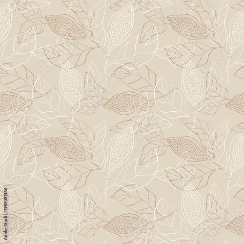 Minimalist line art cacao beans and leaves seamless pattern in beige tones, elegant botanical background for premium chocolate packaging, craft paper, organic cosmetic branding, and home textile.