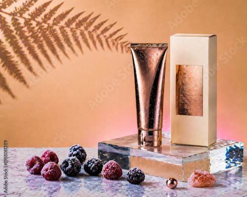 Frozen berries and rose gold cosmetic tube on glass block and box