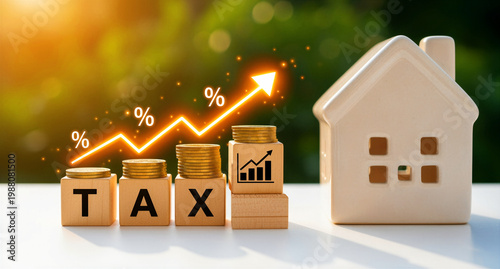 TAX wooden blocks with stacked coins next to a model house. Rising arrow with percent symbols indicates growing expenses. Property tax and mortgage interest rate concept for real estate marketing.