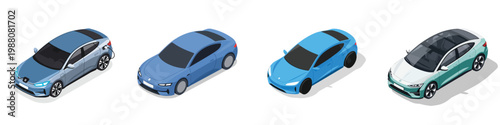 Isometric flat vector illustration set of a modern electric car on a clean white background, minimal shapes, no outlines