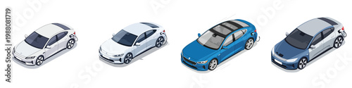Isometric flat vector illustration set of a modern electric car on a clean white background, minimal shapes, no outlines
