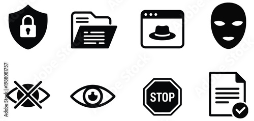 Cyber security icons set featuring locked shield, hidden folder, incognito mode mask, eye visibility control, stop warning sign, and verified secure document symbols for privacy protection, data 