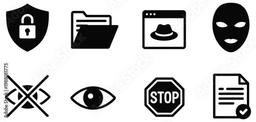 Cyber security icons set including secure locked shield, hidden folder privacy, incognito mask anonymity, visibility eye control, stop warning alert, and verified document symbols for digital 
