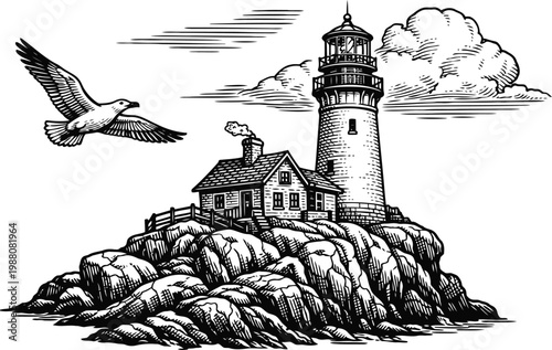 Lighthouse on Rocky Island Vintage Woodcut Illustration with Flying Seagull