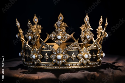 Elaborate gold crown adorned with diamonds and pearls, symbolizing monarchy and wealth