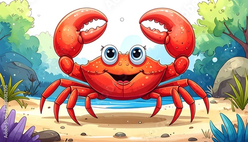 Cartoon crab with big claws smiles on the beach with water and rocks in background, vibrant cartoon illustration