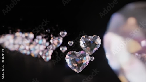 Sparkling heart shaped crystals on a dark reflective surface
