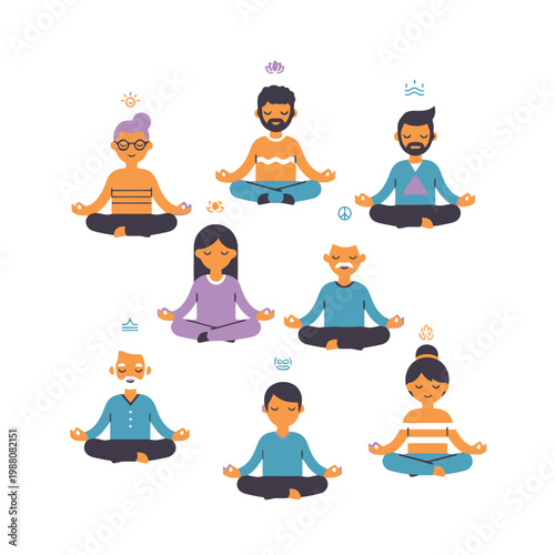 Diverse people meditating in lotus pose, mindfulness, yoga, spiritual practice