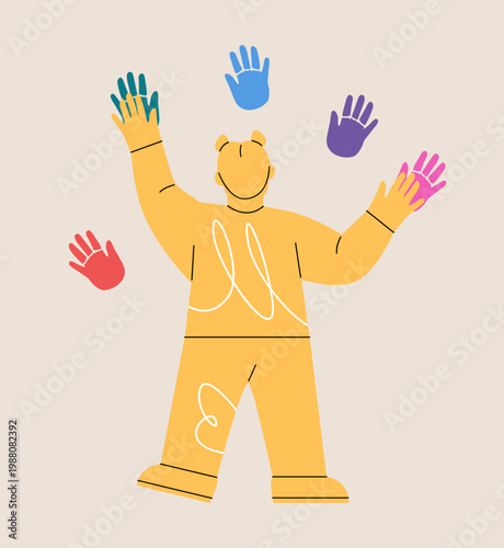 Girl putting colorful palms traces on wall. Colorful vector illustration