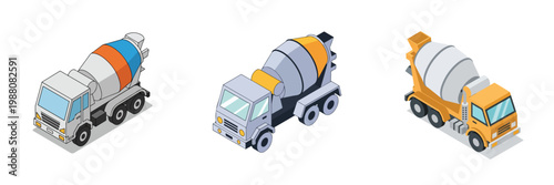 Tableau sur toile Isometric flat vector set of a cement mixer truck, simple shapes, clean white ba