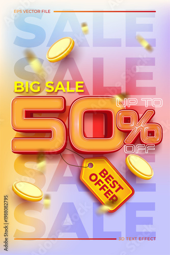 Big sale 50% off 3d vector illustration for social media marketing