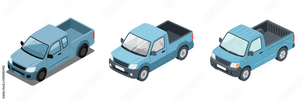 Fototapeta premium Three blue pickup trucks in isometric view, showcasing their design and utility for cargo and transport