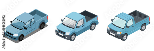 Three blue pickup trucks in isometric view, showcasing their design and utility for cargo and transport