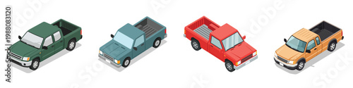 Set of four colorful isometric pickup trucks, green, blue, red, and yellow, isolated on a white background