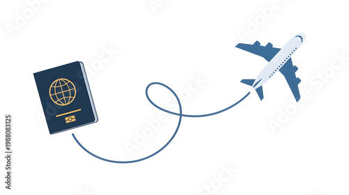 Minimal passport and airplane travel icon with route line, tourism concept, flight journey graphic, booking apps, websites, marketing materials