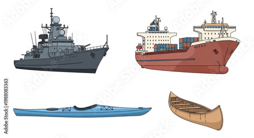 Collection of diverse watercraft including a warship cargo ship kayak and canoe.
