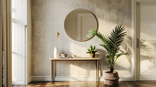 Modern interior with console table, mirror, and potted plants
