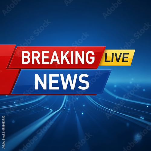A digital graphic design featuring a professional breaking news banner with live text overlay