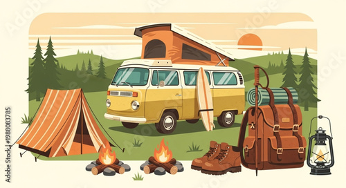 Vintage Camper Van with Camping Gear and Campfire.