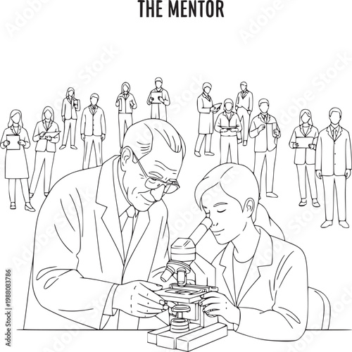 Experienced mentor guiding young professional with business strategy model in office setting