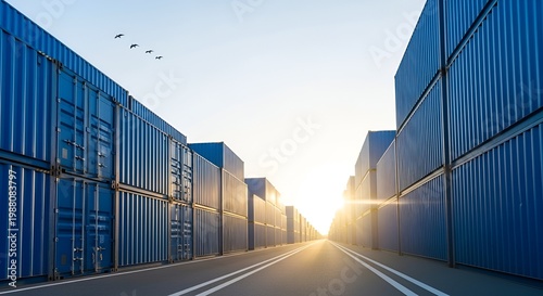 container terminal at sunrise with cargo shipping containers