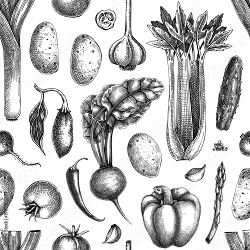Vegetables and spices seamless pattern in engraved botanical style for packaging and branding. NOT AI generated