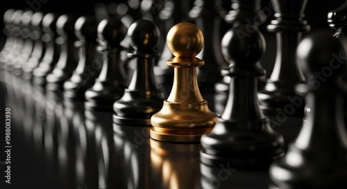 Golden pawn standing out among black chess pieces