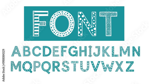Creative and colorful geometric font display showcasing alphabet letters and a word banner. Vector