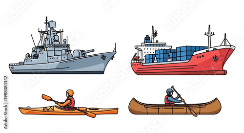 Collection of four different types of watercraft including a warship cargo ship and two kayaks.