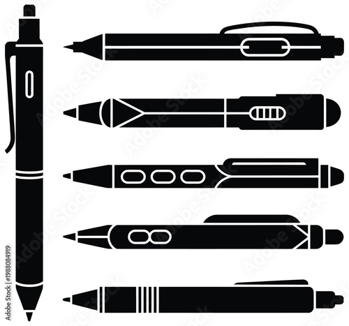 Digital stylus pen icon set vector illustration for graphic tablets, scalable design tools for digital art, sketching, editing, illustration software, and creative interface systems.
