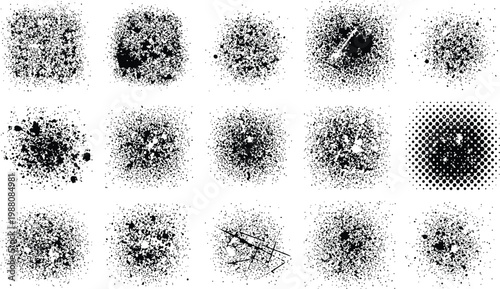 Set of 15 Grunge Splatter Textures and Halftone Dots on White Background